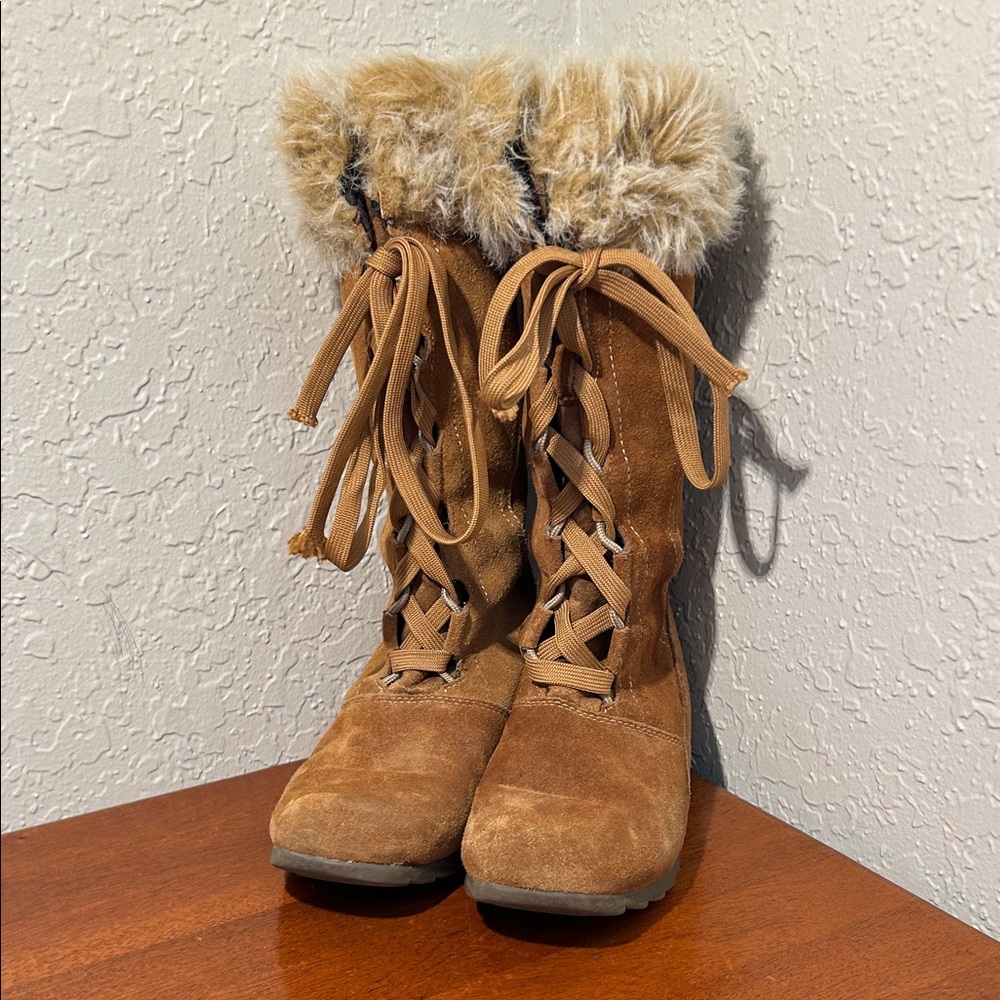 Sporto Leather Tan Faux-Fur Lace-Up Women’s Winter Boots wedge heel